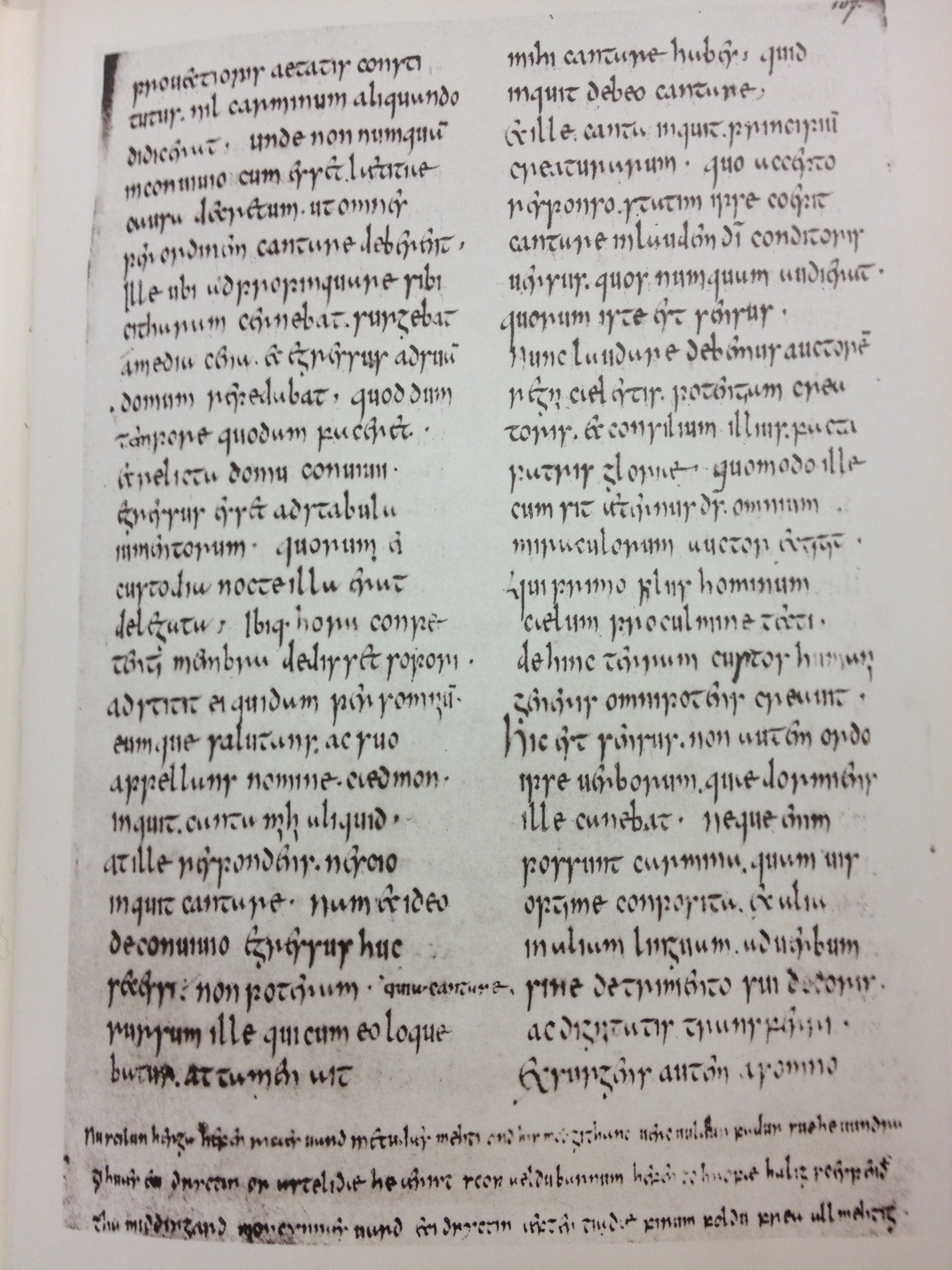 Caedmon's Hymn as a miniscule gloss along the bottom of the page